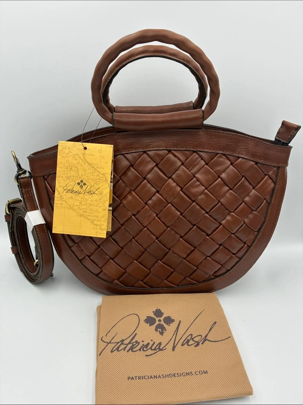 Patricia Nash Cognac Woven Leather Crescent Ossi Satchel with Braided Handles